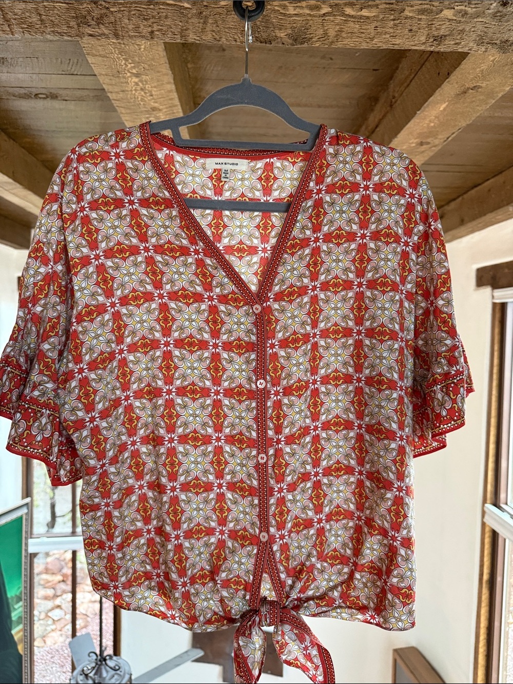 Max Studio Red Mosaic Tie-Front V-Neck Blouse with Gold Accents